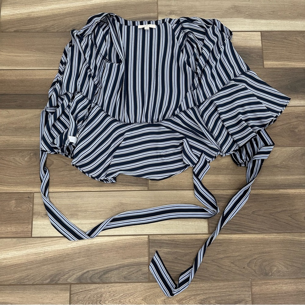 LOFT Navy and Light Blue Striped Wrap Blouse - Picture 7 of 9